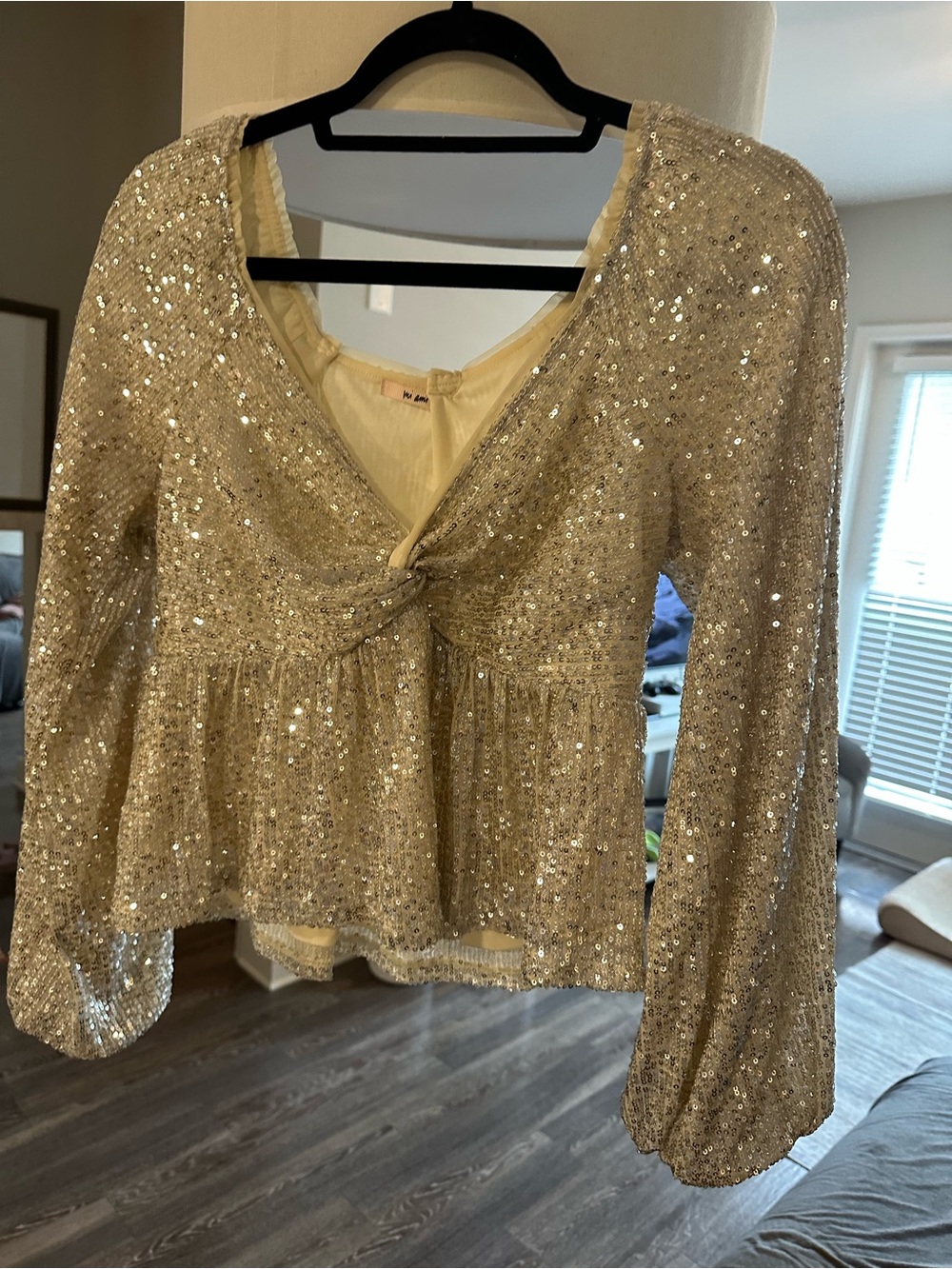Sequin Twist-Front Long-Sleeve Top - Champagne